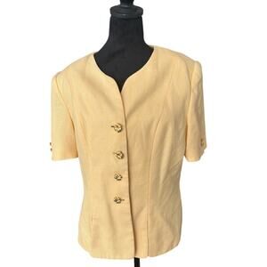 Vintage Butter Yellow Scalloped Button Blazer – Retro Floral-Inspired Size 14